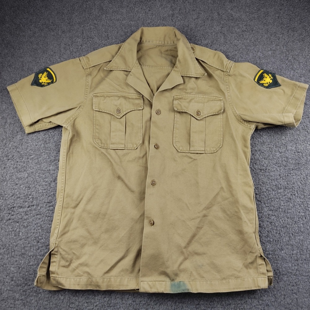 VTG 60s US Military Khaki Short Sleeve Button Up Shirt Patches Tan Mens Medium